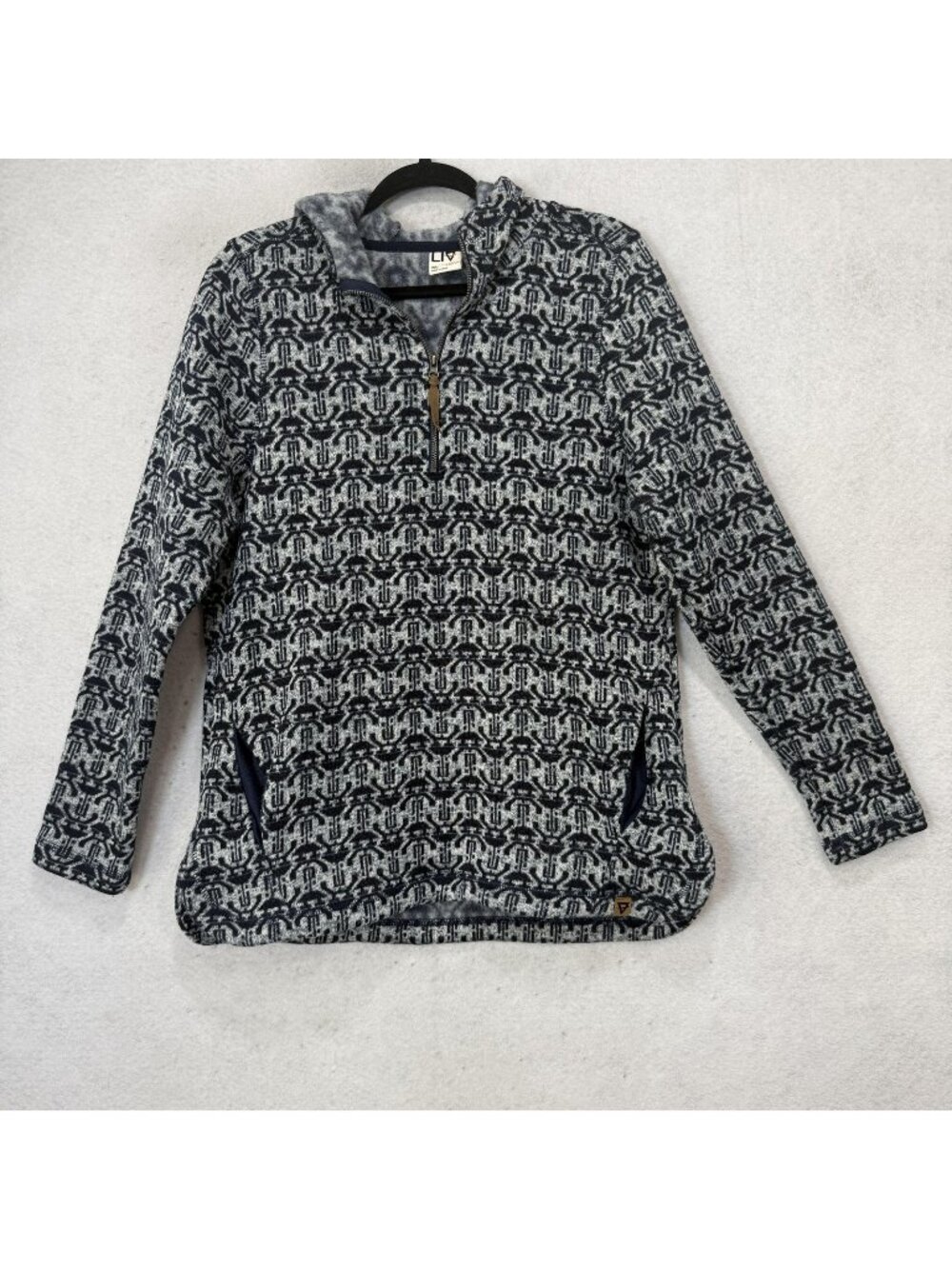 LIV Jacket Womens XL Blue Geometric Fleece 1/2 Zip Hooded Pullover Pockets